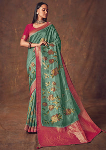 Handpainted on woven Jamdani saree with contrast running blouse