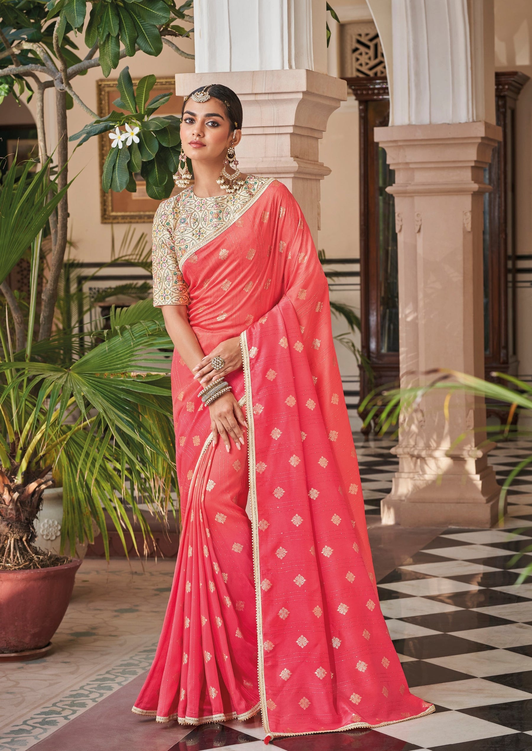 Fancy Yarn+Butta Saree paired computer embroidered blouse-22042